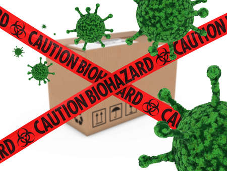 Virus Infected Package behind Caution Biohazard Tape 3D Illustrationの写真素材