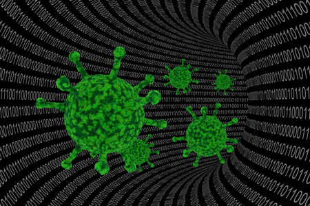 Computer Virus - Binary Code Wire with Green Viruses 3D Illustrationの写真素材