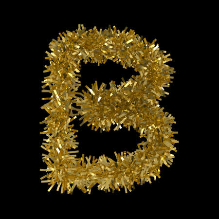 Letter B made from Gold Christmas Tinsel Isolated on Black - 3D Illustrationの写真素材
