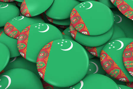 Turkmenistan Badges Background - Pile of Turkmen Flag Buttons 3D Illustrationの写真素材