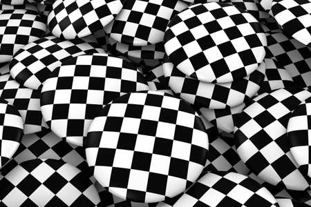 Racing Checkers Badges Background - Pile of Checkered Flag Buttons 3D Illustration