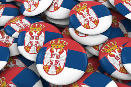 Serbia Badges Background - Pile of Serbian Flag Buttons 3D Illustrationの写真素材