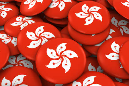 Hong Kong Badges Background - Pile of Hong Kongese Flag Buttons 3D Illustrationの写真素材