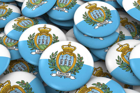 San Marino Badges Background - Pile of Sammarinese Flag Buttons 3D Illustrationの写真素材