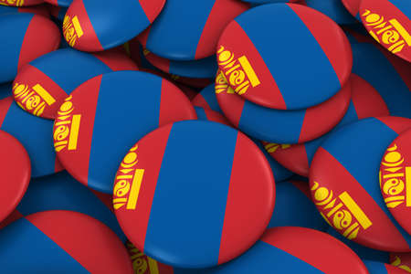 Mongolia Badges Background - Pile of Mongolian Flag Buttons 3D Illustrationの写真素材