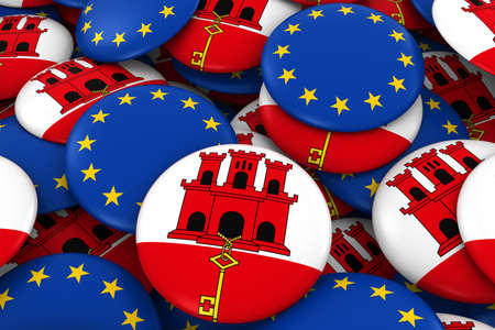 Gibraltar and Europe Badges Background - Pile of Gibraltan and European Flag Buttons 3D Illustrationの写真素材