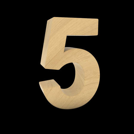 Wooden Number Five Isolated on Black 3D Illustrationの写真素材