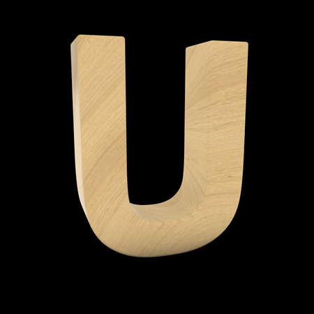 Wooden Letter U Isolated on Black 3D Illustrationの写真素材