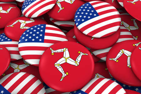 USA and Isle of Man Badges Background - Pile of American and Manx Flag Buttons 3D Illustration