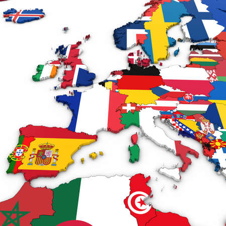 3D Map of Western Europe with National Flags on White Background 3D Illustrationの写真素材