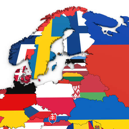 3D Map of Northern Europe with National Flags on White Background 3D Illustrationの写真素材