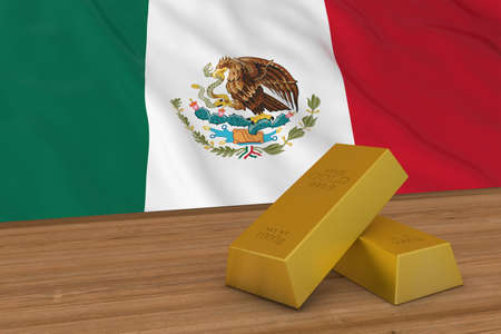 Mexico Finance Concept - Gold Bars in front of Mexican Flag 3D Illustrationの写真素材