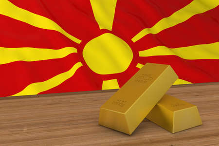 Macedonia Finance Concept - Gold Bars in front of Macedonian Flag 3D Illustrationの写真素材