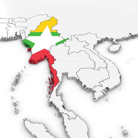 3D Map of Myanmar with Burmese Flag on White Background 3D Illustrationの写真素材