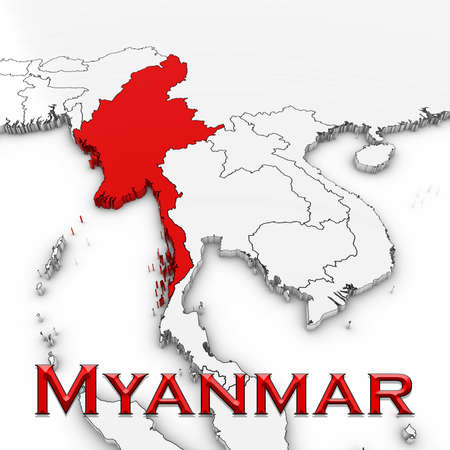 3D Map of Myanmar with Country Name Highlighted Red on White Background 3D Illustrationの写真素材
