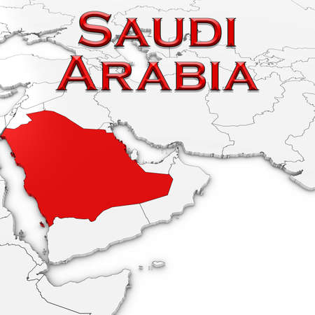 3D Map of Saudi Arabia with Country Name Highlighted Red on White Background 3D Illustrationの写真素材