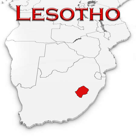 3D Map of Lesotho with Country Name Highlighted Red on White Background 3D Illustrationの写真素材