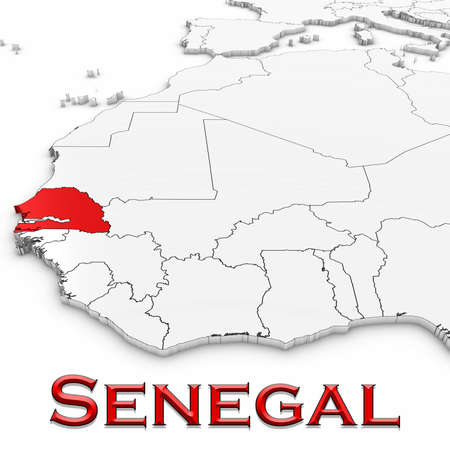 3D Map of Senegal with Country Name Highlighted Red on White Background 3D Illustrationの写真素材