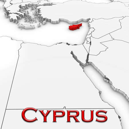 3D Map of Cyprus with Country Name Highlighted Red on White Background 3D Illustrationの写真素材