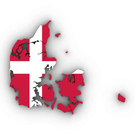 Denmark Map Outline with Danish Flag on White with Shadows 3D Illustrationの写真素材