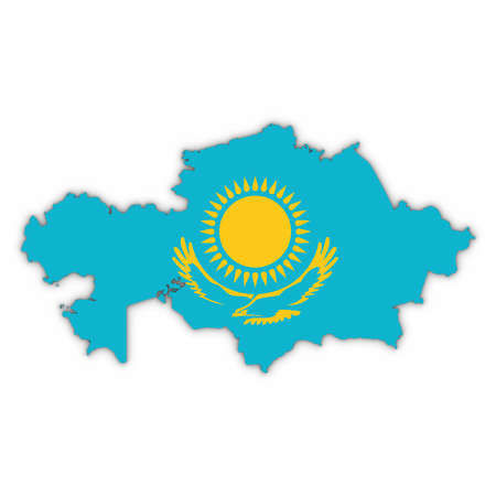 Kazakhstan Map Outline with Kazakhstani Flag on White with Shadows 3D Illustrationの写真素材
