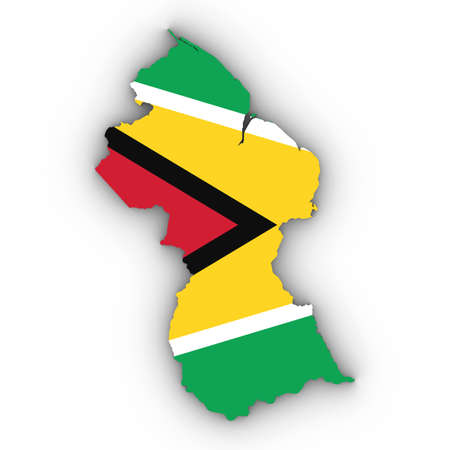 Guyana Map Outline with Guyanese Flag on White with Shadows 3D Illustrationの写真素材