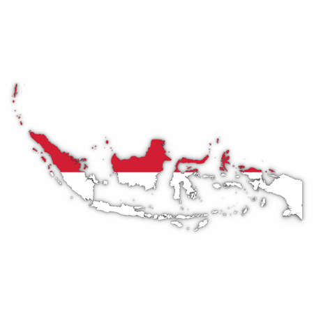 Indonesia Map Outline with Indonesian Flag on White with Shadows 3D Illustrationの写真素材