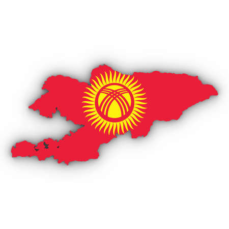 Kyrgyzstan Map Outline with Kyrgyzstani Flag on White with Shadows 3D Illustrationの写真素材