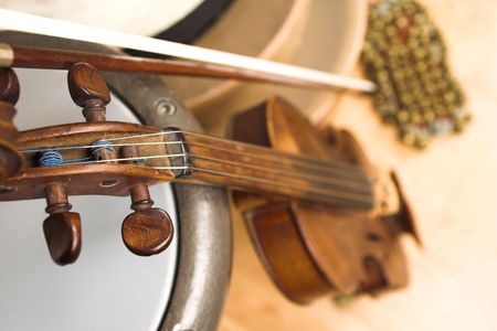 musical instruments displayed on laminated flooringの写真素材