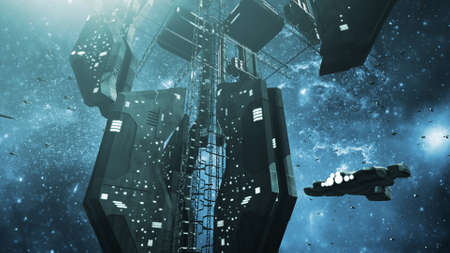 Impressive space station and a scifi spaceshipの写真素材