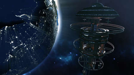 3d rendering. Powerful space station with city lighted earth globe