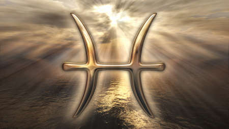Mystic golden horoscope zodiac Pisces symbol. 3D renderingの写真素材