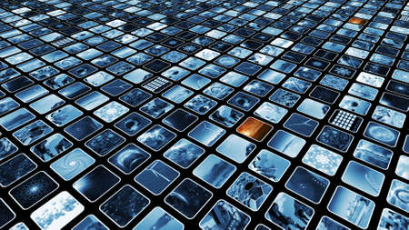 Video wall with many media icons blue and sepia, diagonally. 3D renderingの写真素材
