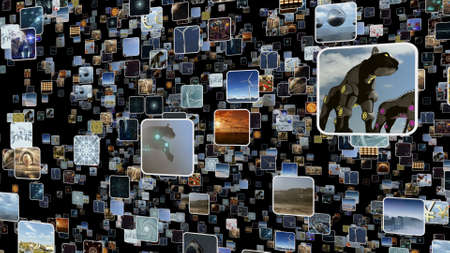 Video wall with many small icons popping up. 3D renderingの写真素材