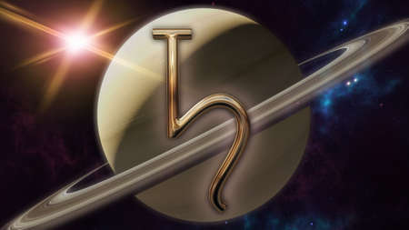 Saturn zodiac horoscope symbol and planet. 3D renderingの写真素材
