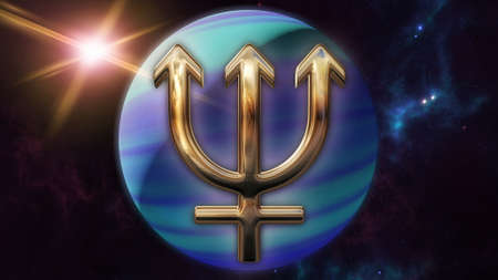 Neptune zodiac horoscope symbol and planet. 3D rendering