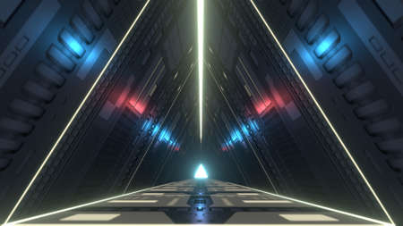 Futuristic triangle corridor with infra-red and ultraviolet lights. 3D rendering