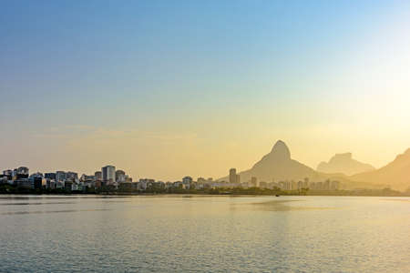 Rodrigo de Freitas Lagoon in Rio de Janeiro at sunsetの写真素材