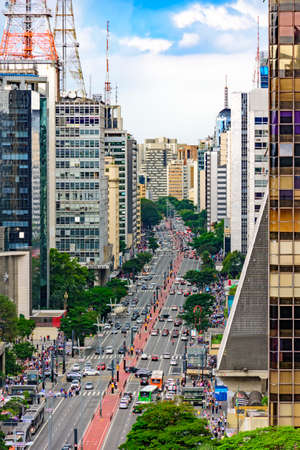 View of the famous Paulista Avenue, financial center of the city and one of the main places of SÃ £ o Paulo, Brazilのeditorial素材