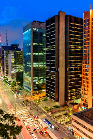 Night view of the famous Paulista Avenue, financial center of the city and one of the main places of SÃ £ o Paulo, Brazilのeditorial素材