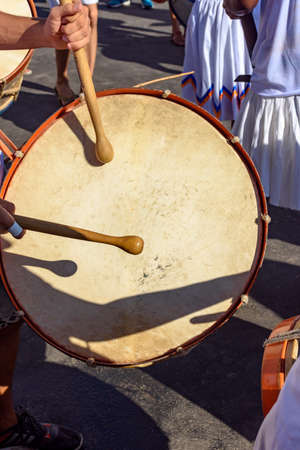 Drums being played during samba performance at Rio de Janeiro carnival