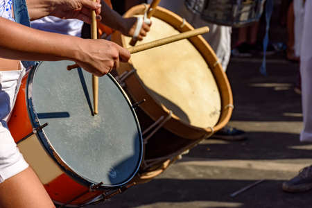 Drums being played during samba performance at Rio de Janeiro carnivalの写真素材