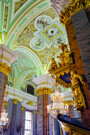 Interior of Saint Petr and Saint Paul cathedral with paints and frescoes and characteristic architecture in St. Petersburg, Russiaのeditorial素材