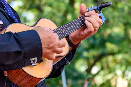 Live musical performance of Brazilian popular music called chorinho with little acoustic guitar with...