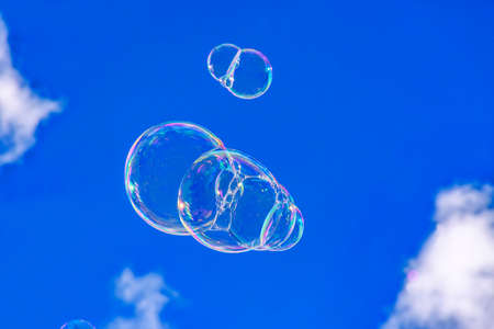 Soap bubbles with their colors and transparencies floating in the blue skyの写真素材