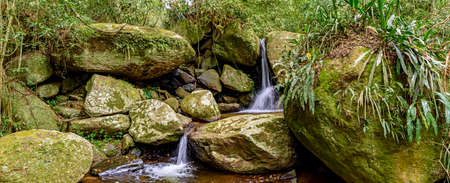 Small waterfall panoramic among the rainforest vegetation of Ilhabela island with mossy stones on...