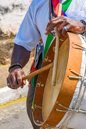 Ethnic drums used in religious festival in Lagoa Santa, Minas Gerais near the fire so that the...
