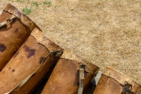 Drums used in a Brazilian folk festival in honor of Saint George in a folk party in the state of...