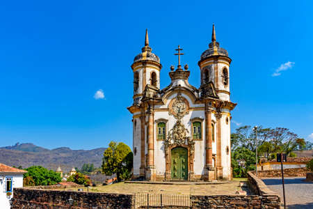 Front view of historic 18th century church in colonial architecture in the city of Ouro Preto in Minas Gerais, Brazilのeditorial素材