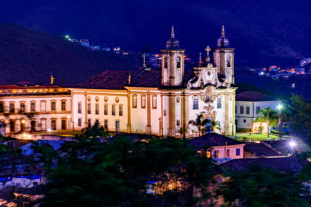 Night view from the top of the historic 18th century church and downtown Ouro Preto, Minas Gerais stateのeditorial素材